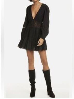 Free People Black Crochet-Waist Long Sleeve V-Neck Mini Dress